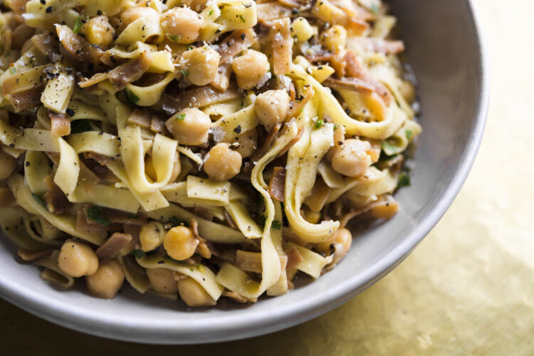 Crispy fried  pasta pairs a  savory crunch with chickpeas